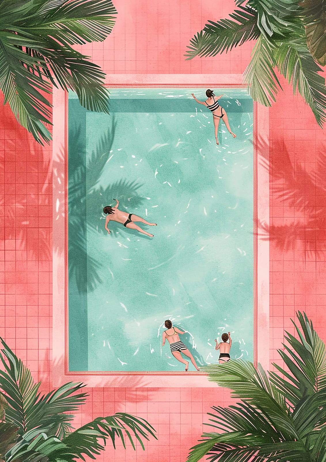four swimmers in a pool with pink tiles and palm leaves.