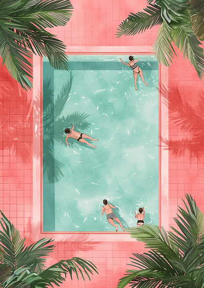 four swimmers in a pool with pink tiles and palm leaves.