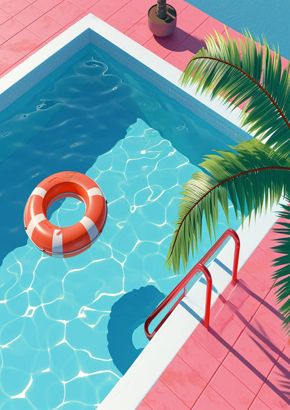 pool with an orange-white circle, red railings, and pink tiles.