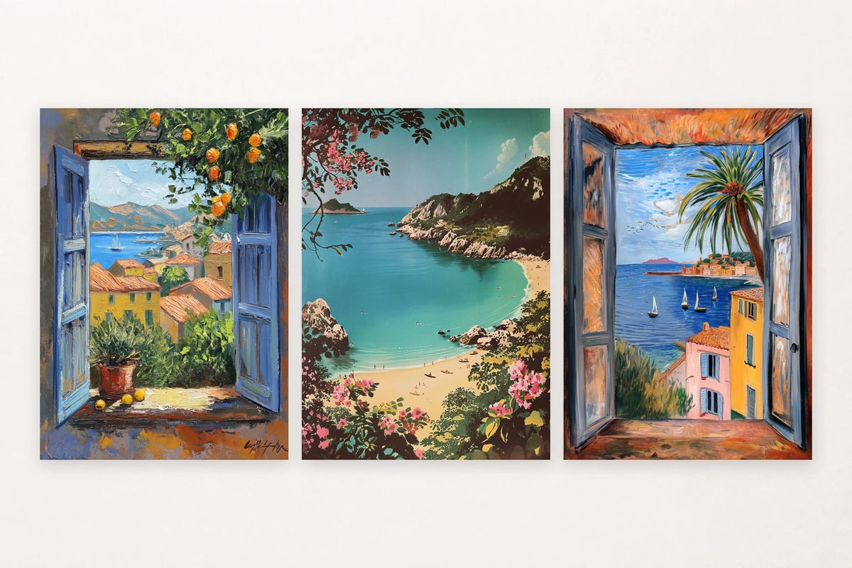 Three coastal scenes with blue shutters, sailboats, a cove, and flowers.