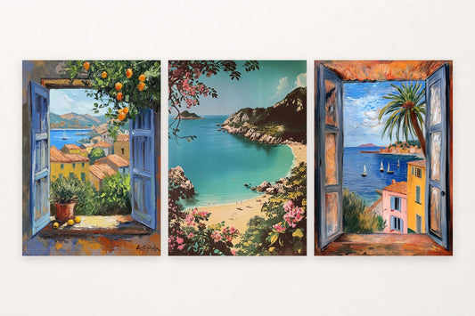 Three coastal scenes with blue shutters, sailboats, a cove, and flowers.