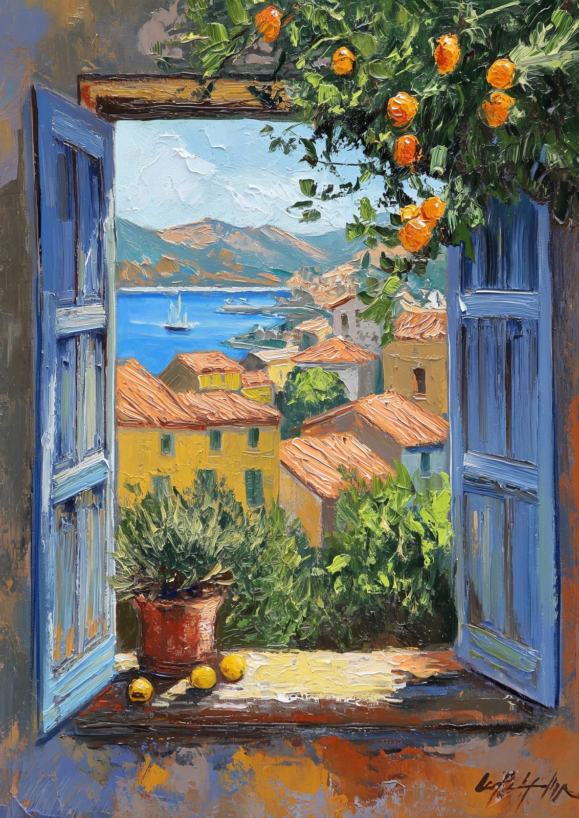 open blue shutters framing yellow-roof homes, a bay, sailboats, and lemons.