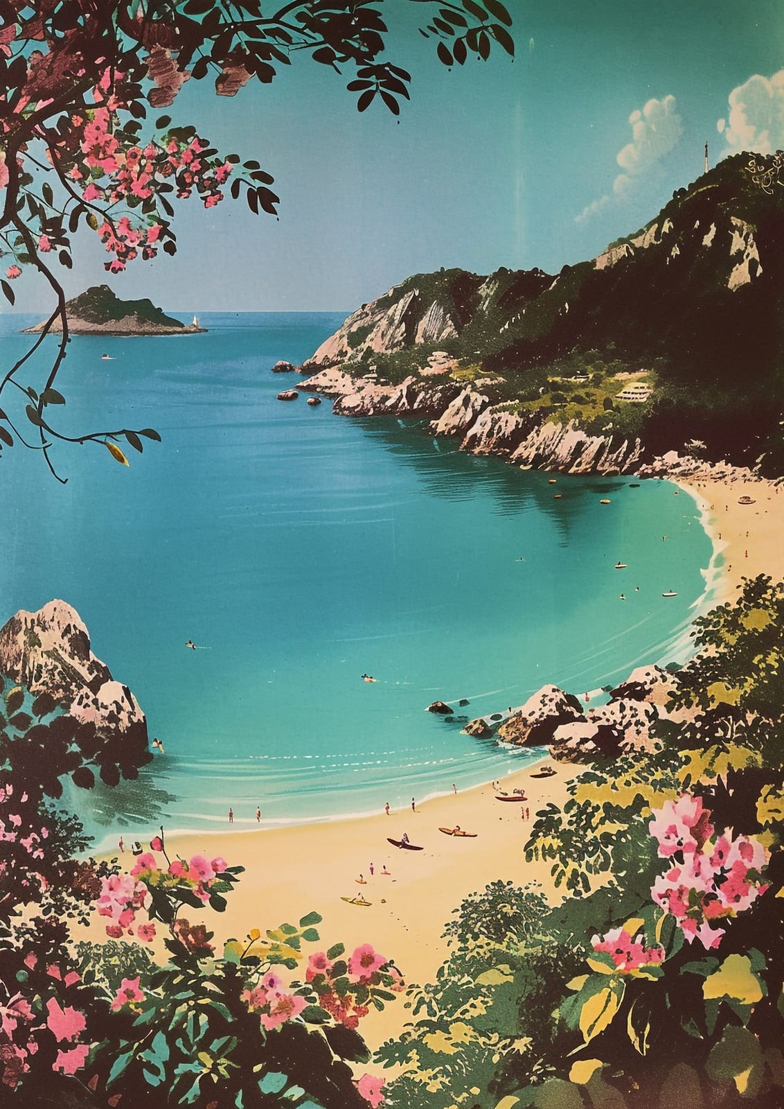 turquoise cove and pale beach among cliffs with pink flowers.