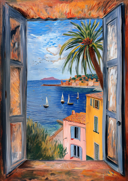 blue-gray shutters, palm, sailboats, colorful homes, and orange sill.