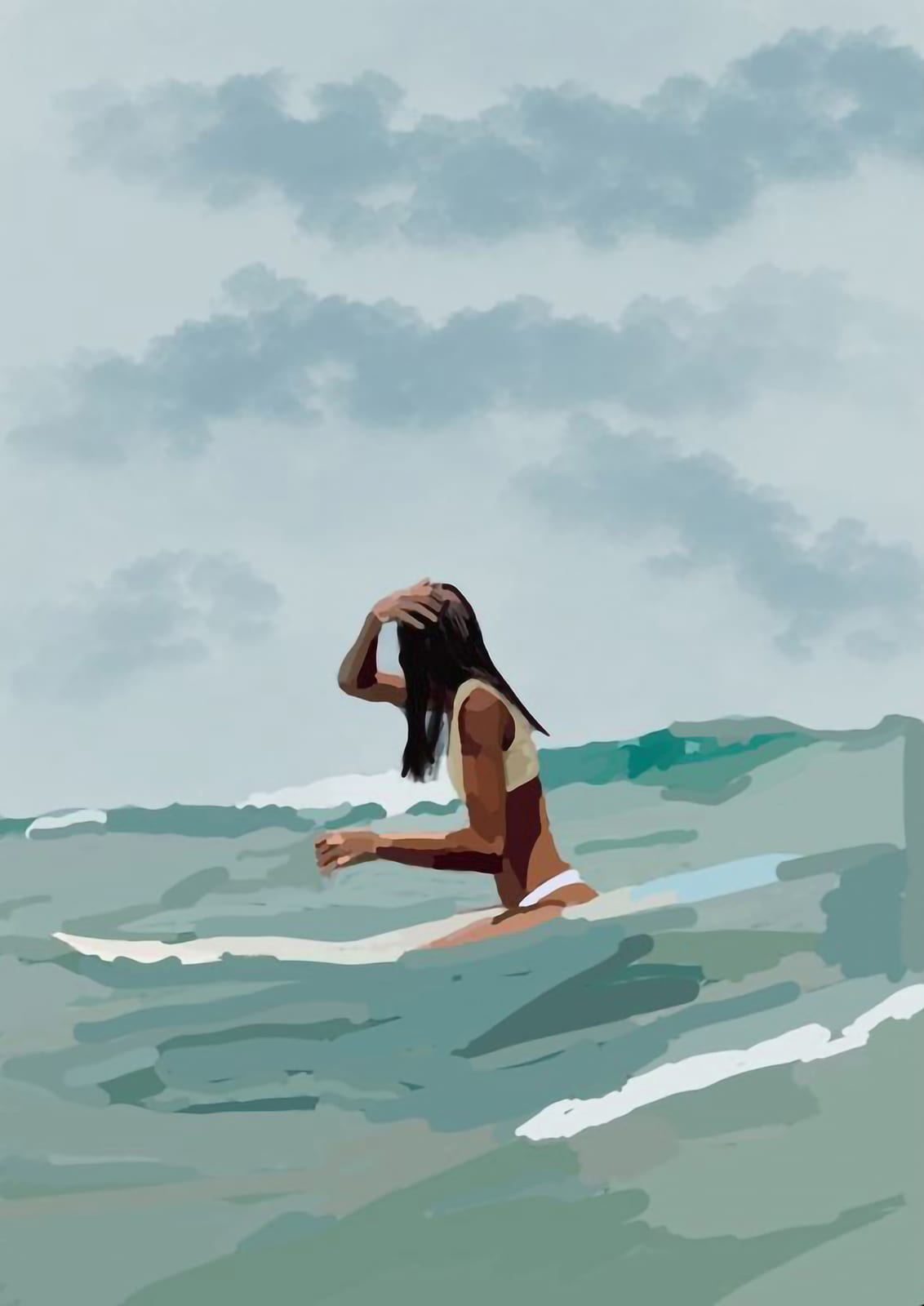 dark-haired woman in a cream swimsuit among green waves.