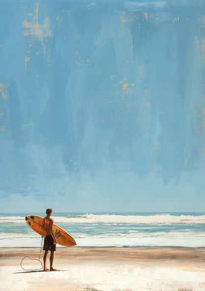 surfer seen from behind with orange board and blue sky.