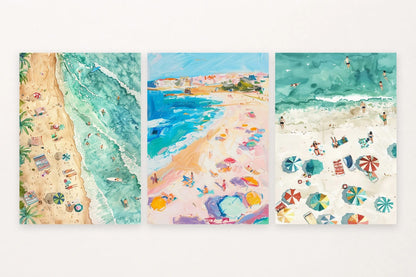 Three beach views with swimmers, umbrellas, boards, and turquoise water.