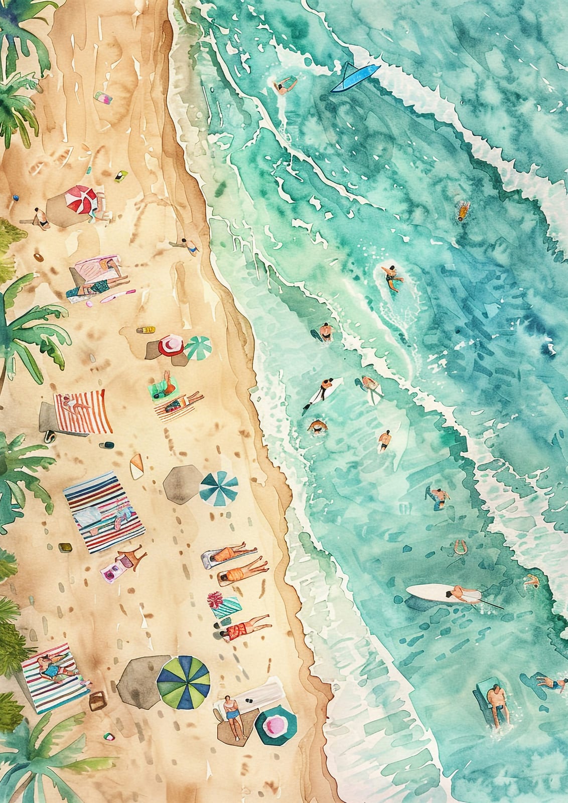 overhead turquoise shore with swimmers, boards, umbrellas, and loungers.