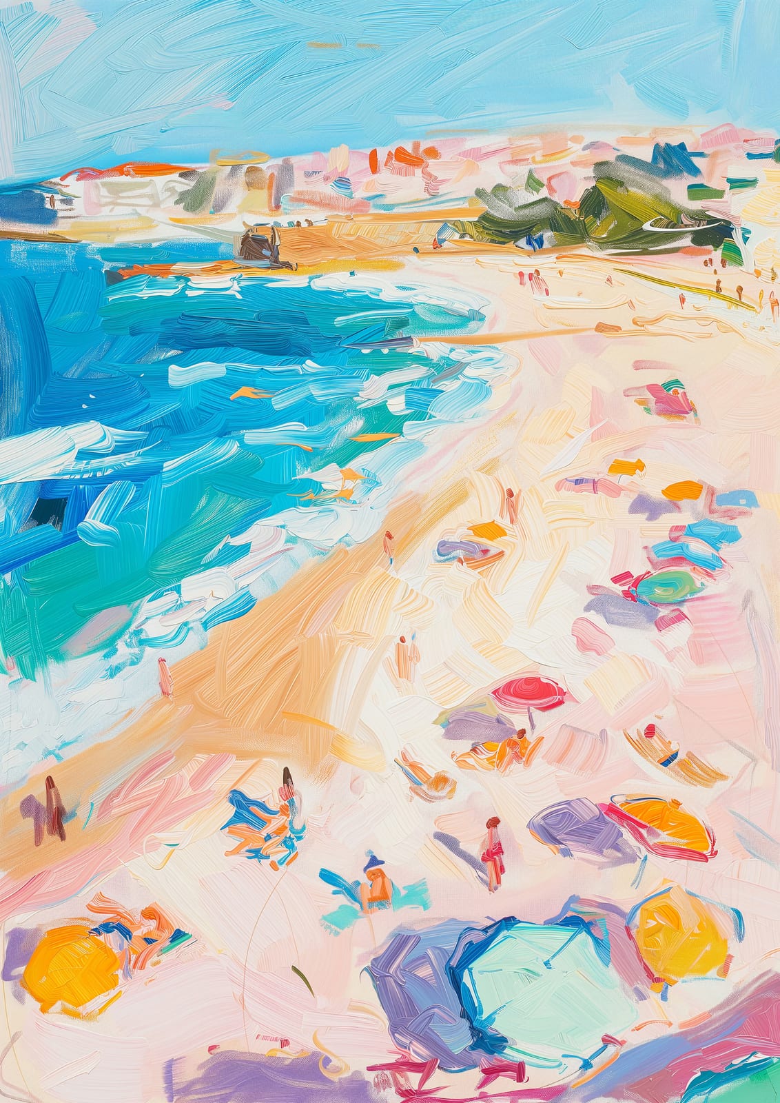 diagonal beach and blue water with umbrellas and distant homes.