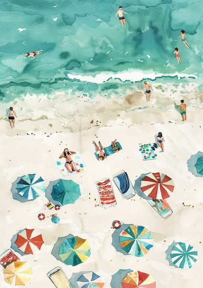 green waves above a white beach with swimmers, towels, and umbrellas.