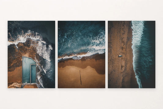 Three shoreline views with turquoise water, a beach shadow, and footprints.