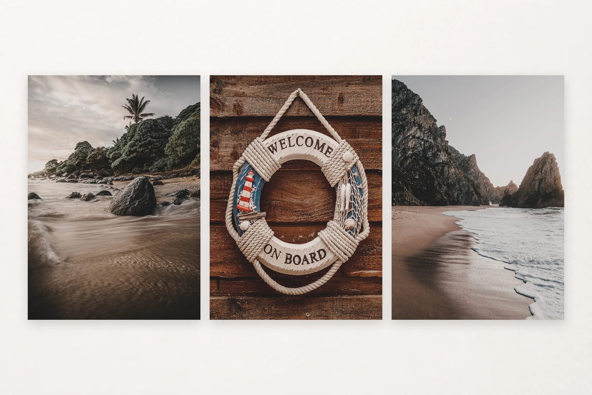 Three coastal views: palms, a lifebuoy and lighthouse, and a rocky cove.