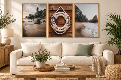 Coastal prints in a light living room.