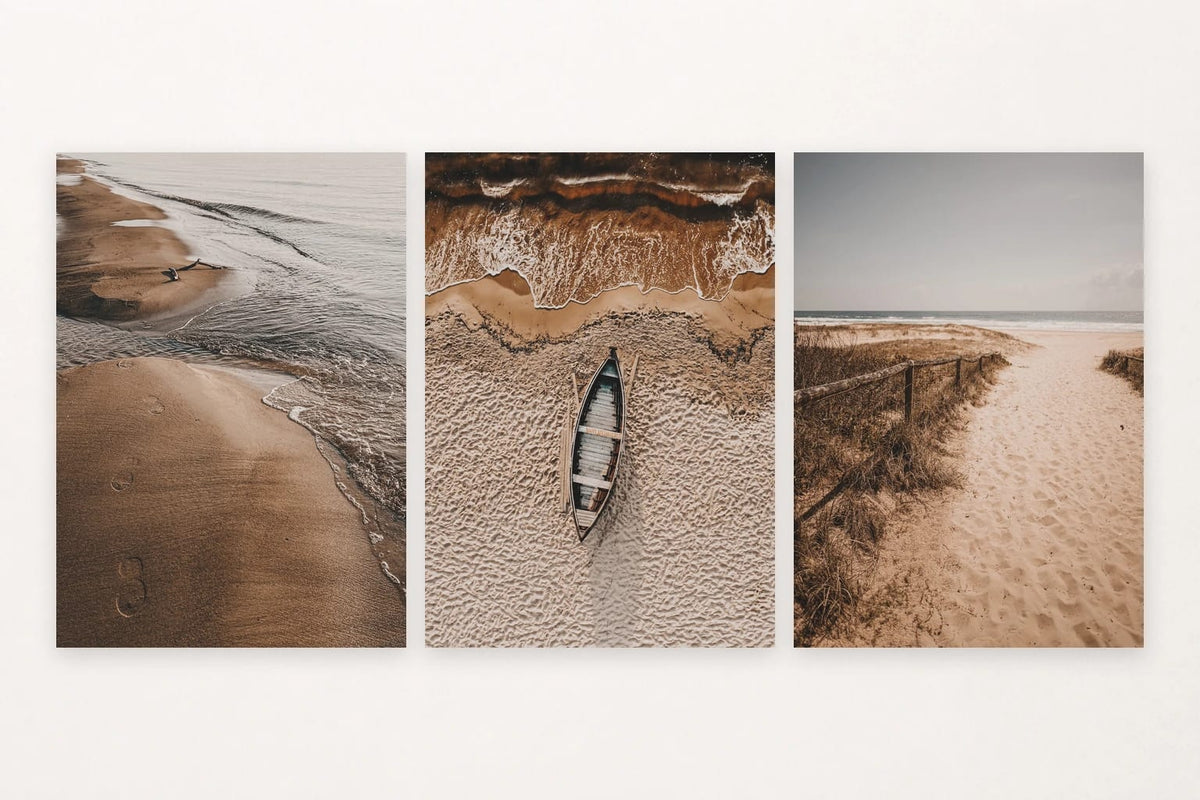 Three minimal shore scenes with footprints, a wooden boat, and a sandy path.
