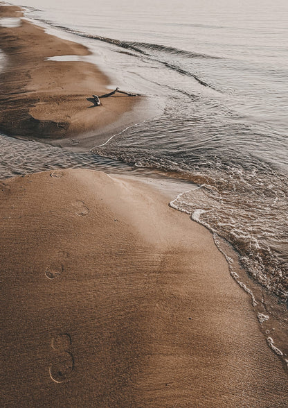 wet sand, white surf, footprints, and a small branch.