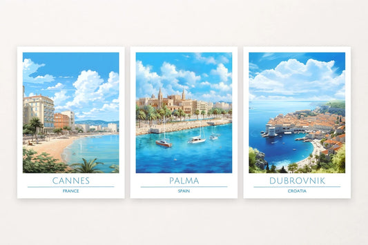 Three illustrated bays and harbors with visible Cannes, Palma, and Dubrovnik lettering.