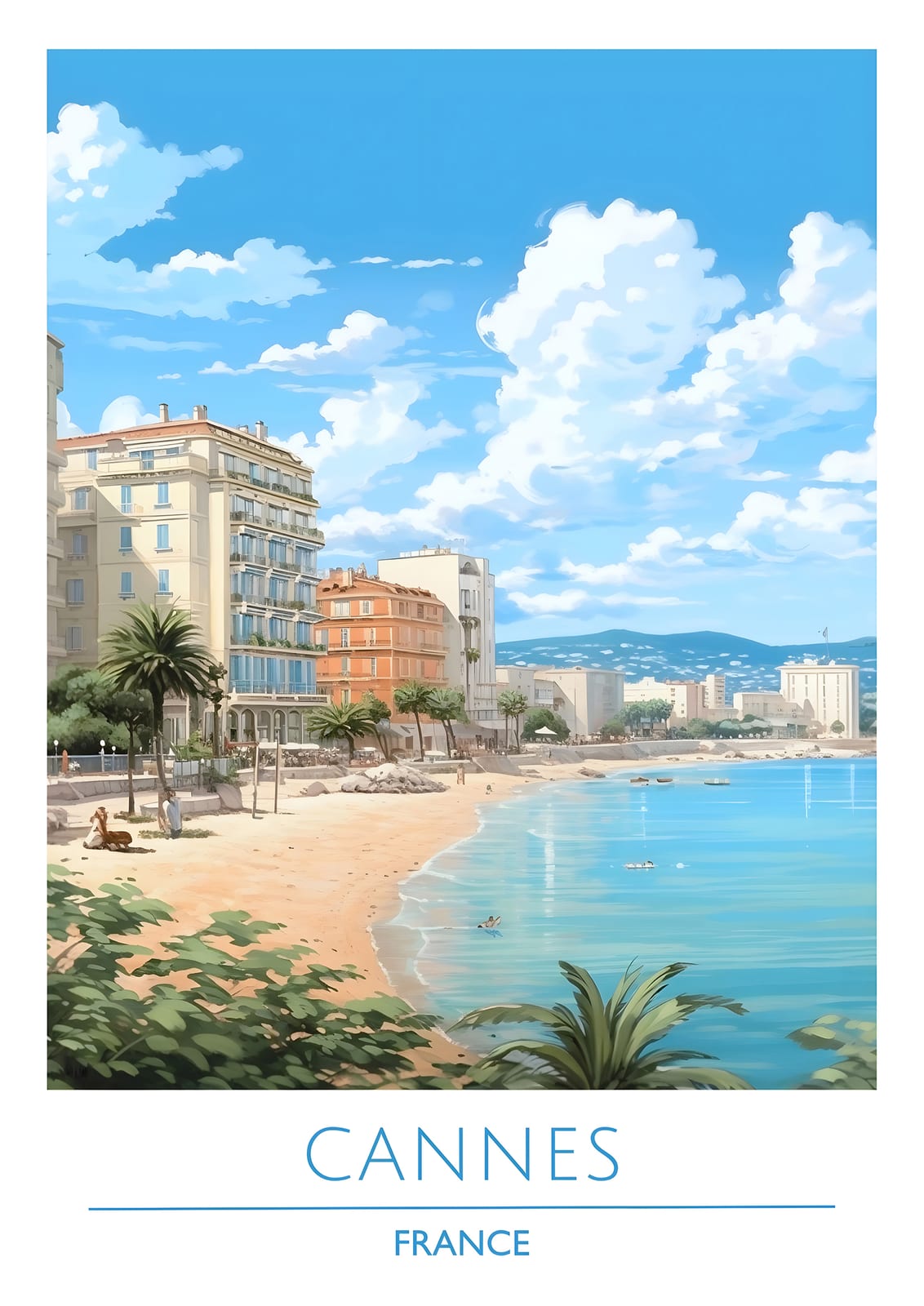 illustrated bay, palms, sandy promenade, and CANNES FRANCE lettering.