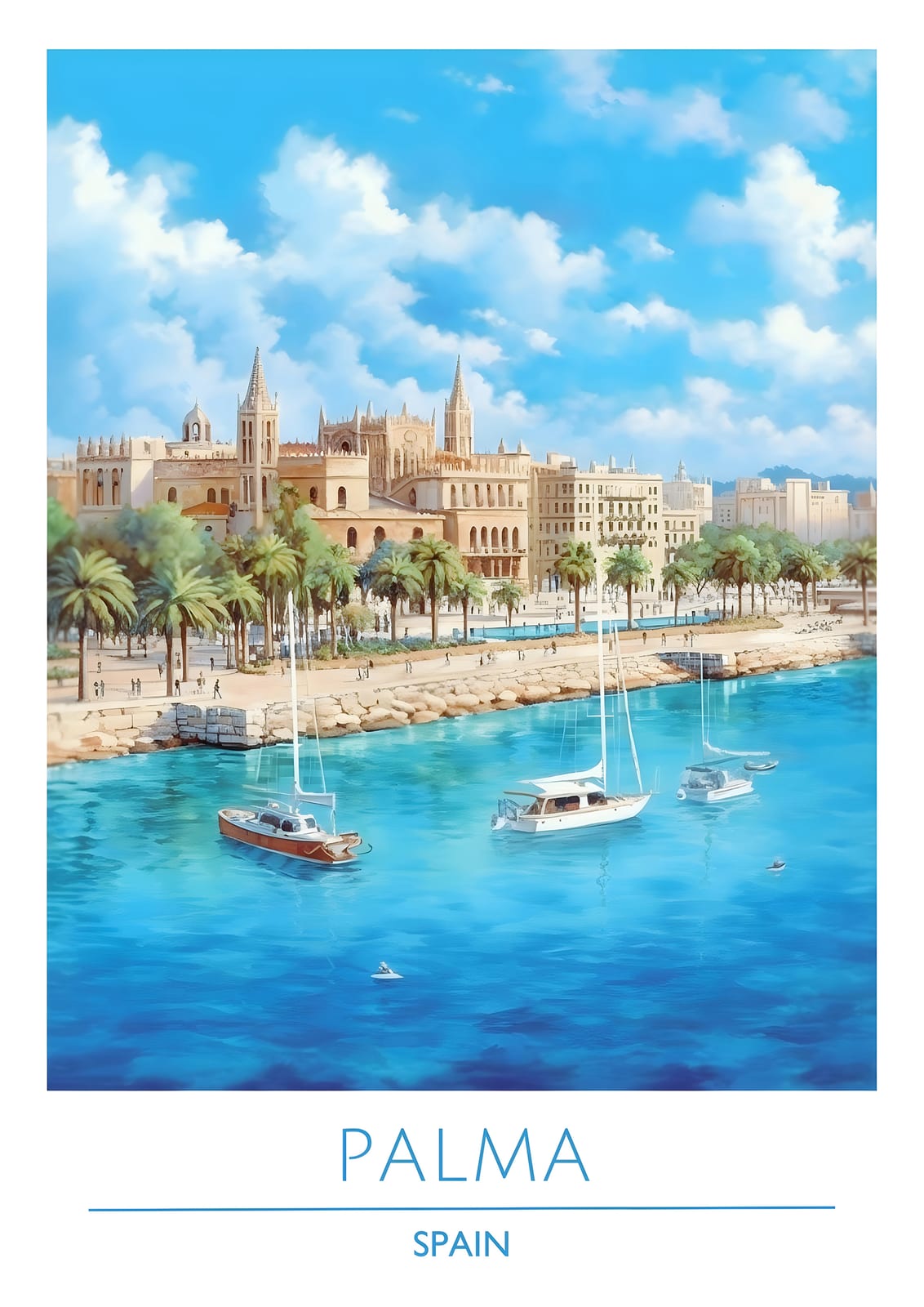 harbor with sailboats, palms, stone building, and PALMA SPAIN lettering.