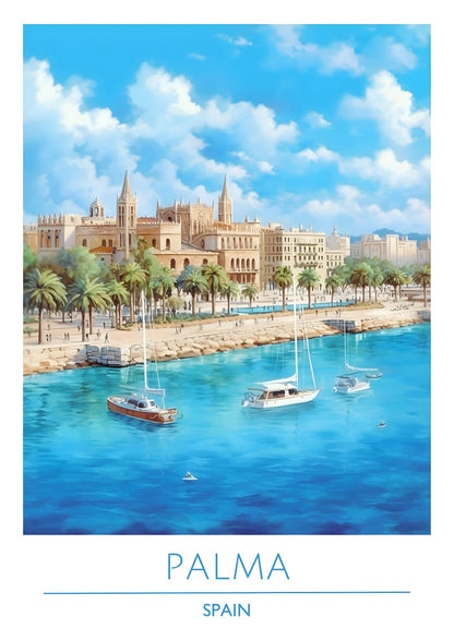 harbor with sailboats, palms, stone building, and PALMA SPAIN lettering.