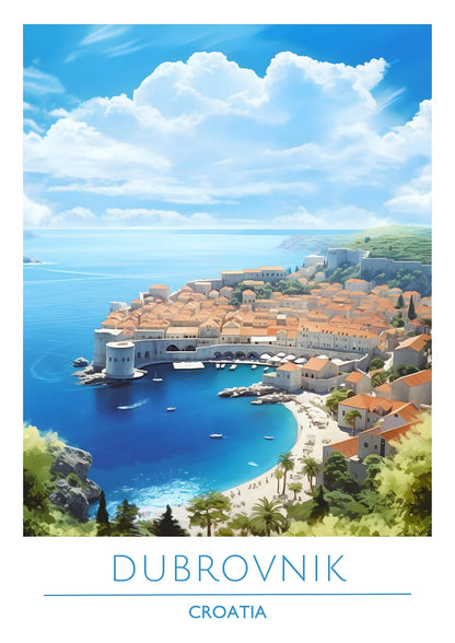 deep blue bay and city with orange roofs and DUBROVNIK CROATIA lettering.