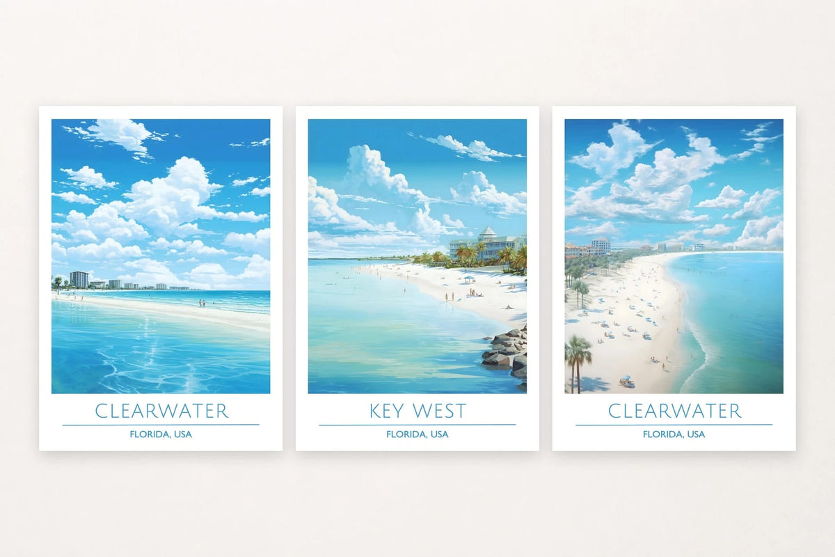 Three Florida beach scenes with palms, turquoise shallows, and printed place labels.