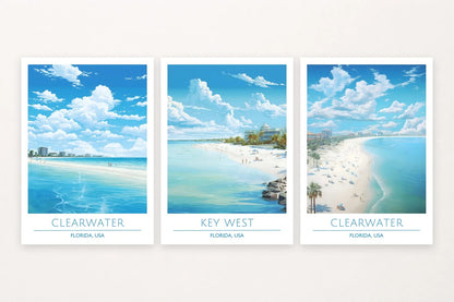 Three Florida beach scenes with palms, turquoise shallows, and printed place labels.