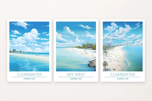 Three Florida beach scenes with palms, turquoise shallows, and printed place labels.