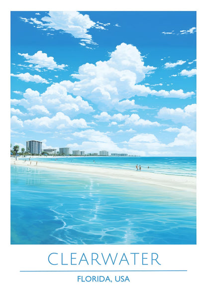 pale shore, turquoise shallows, distant towers, CLEARWATER FLORIDA USA lettering.