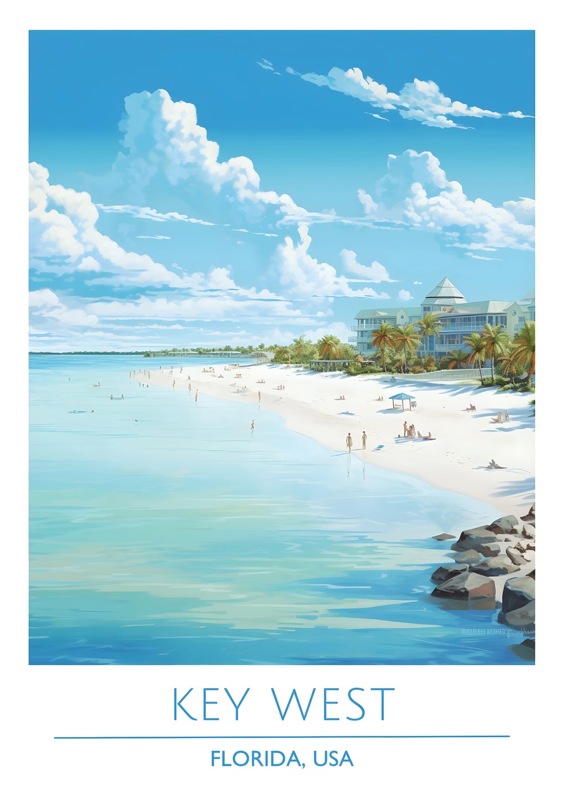 shore with palms, small buildings, and KEY WEST FLORIDA USA lettering.