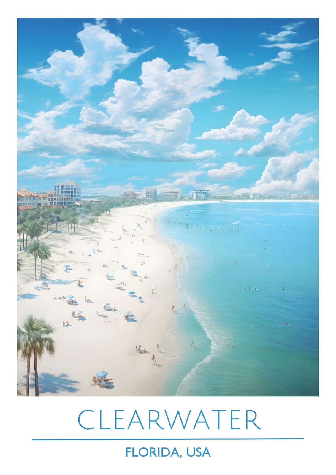 curved beach with palms, umbrellas, and CLEARWATER FLORIDA USA lettering.