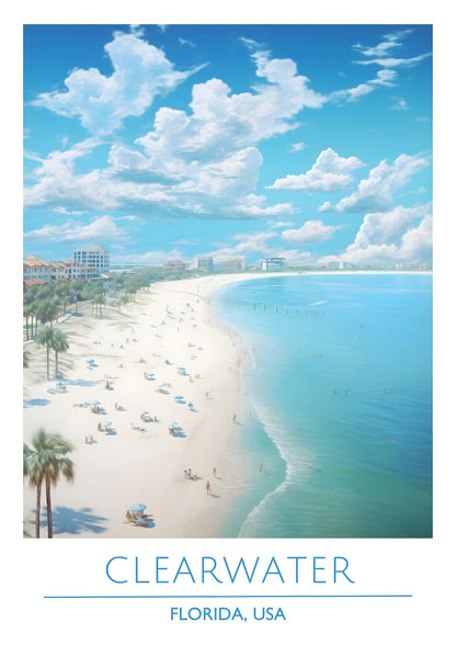 curved beach with palms, umbrellas, and CLEARWATER FLORIDA USA lettering.