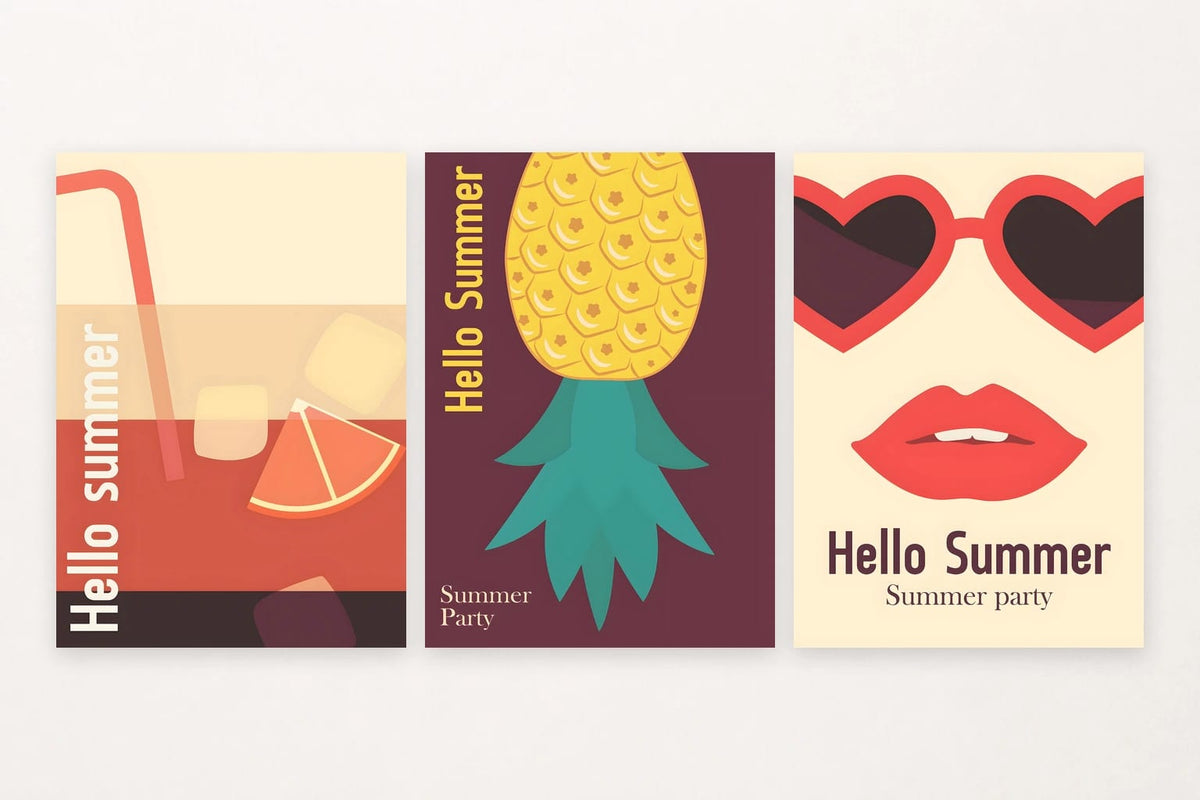 Three summer prints with citrus, pineapple, heart sunglasses, and playful lettering.