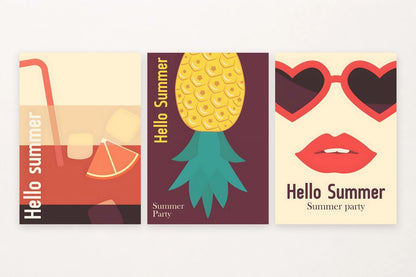 Three summer prints with citrus, pineapple, heart sunglasses, and playful lettering.