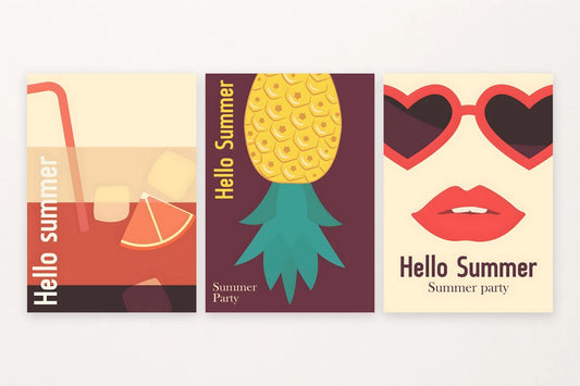 Three summer prints with citrus, pineapple, heart sunglasses, and playful lettering.