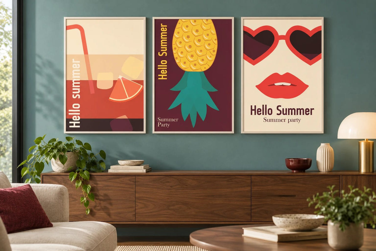 Three colorful prints over a walnut dresser against turquoise.