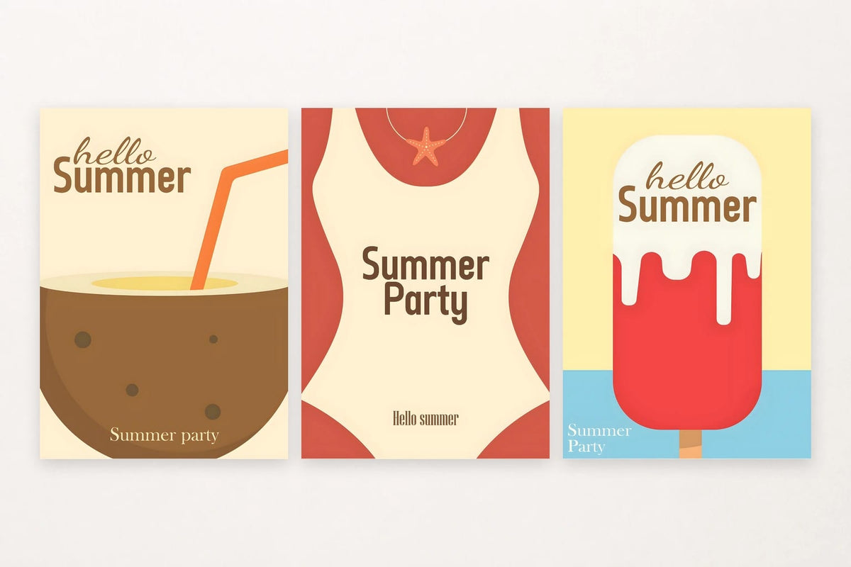 Summer prints with a coconut drink, beach keepsake and starfish, and red popsicle.