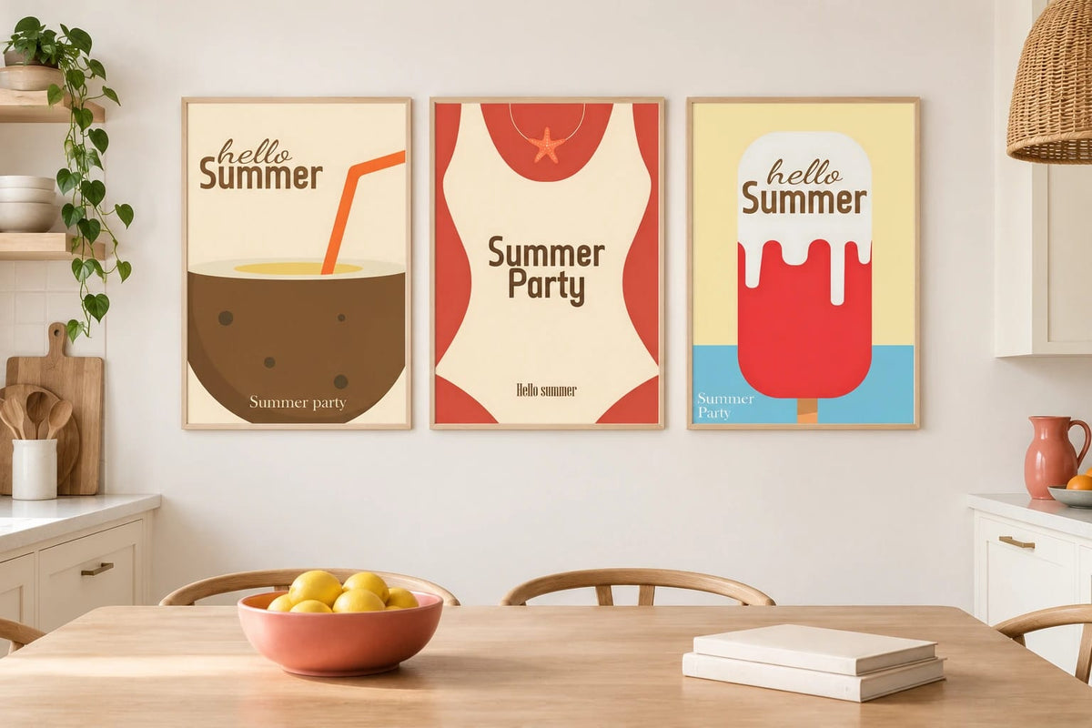 Summer prints displayed in a light kitchen.