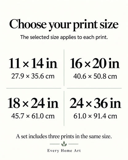 Size guide for a three-print set with four per-print choices from 11x14 to 24x36 inches.