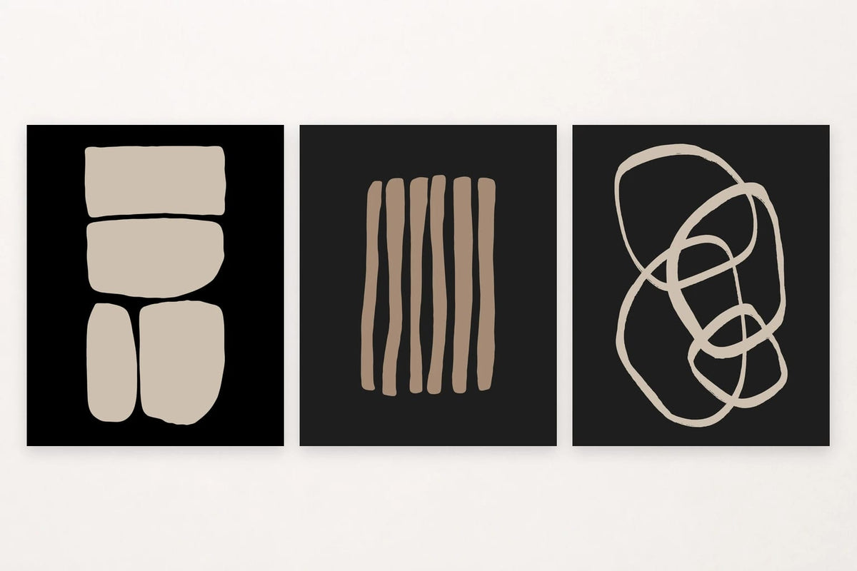 Pale blocks, vertical beige lines, and loops on dark backgrounds.