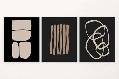 Pale blocks, vertical beige lines, and loops on dark backgrounds.