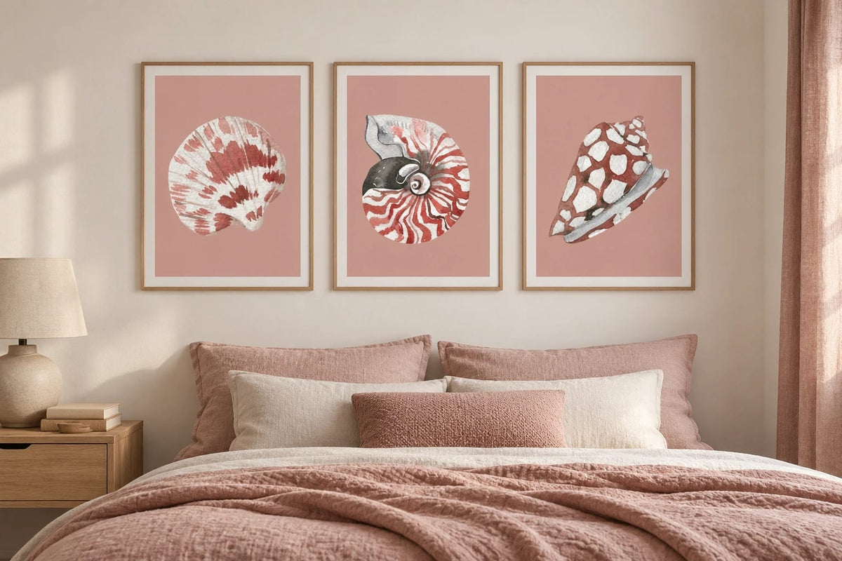 Pink seashell prints above a bed with powder-toned textiles.