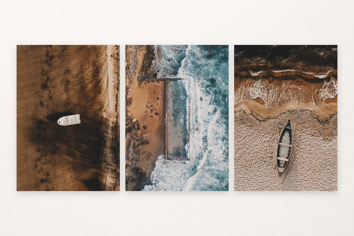 Three coastal scenes with a white boat, rectangular pool, and wooden boat on sand.