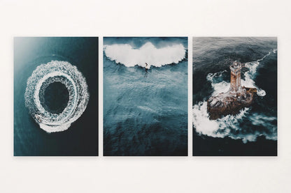 Three sea scenes with a boat wake, breaking wave, and island lighthouse.