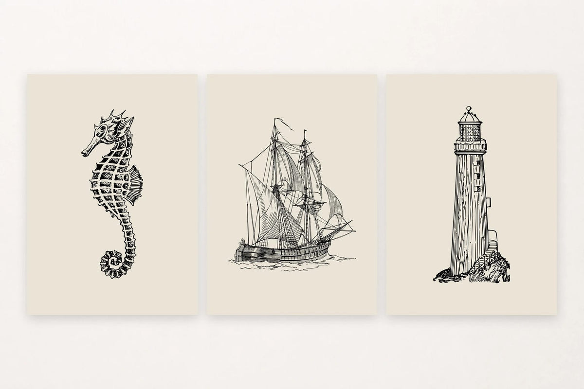 Three black line-art prints: seahorse, sailboat, and lighthouse.