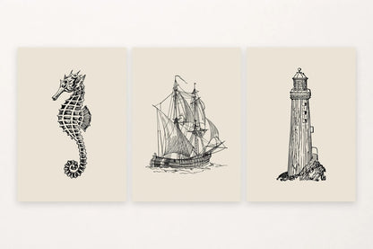 Three black line-art prints: seahorse, sailboat, and lighthouse.