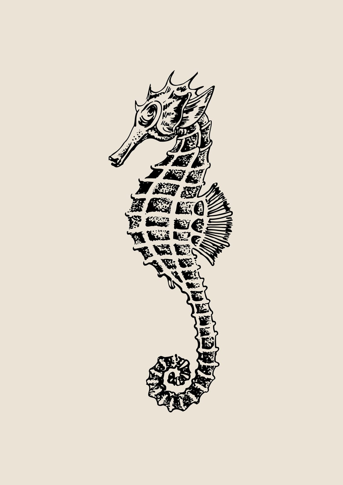 seahorse in black line art.