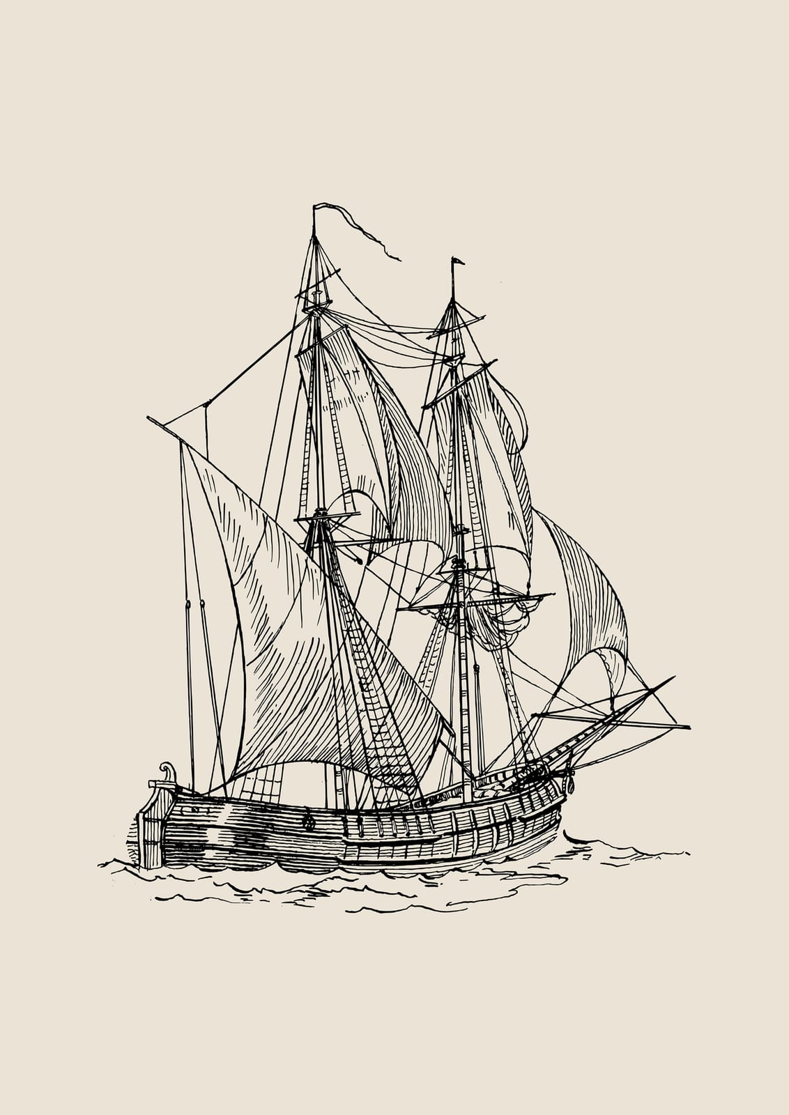 sailboat with raised sails.