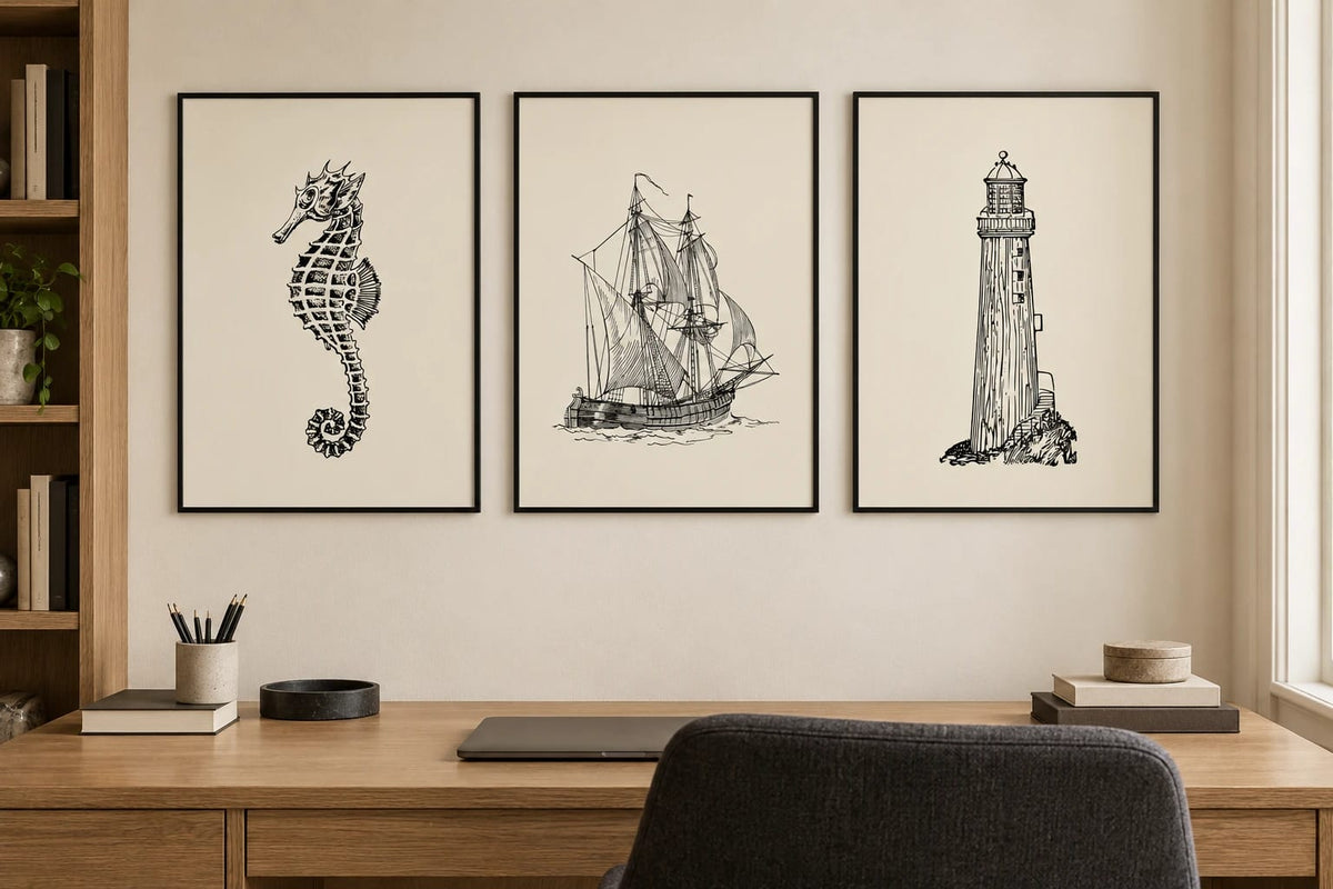 Seahorse, sailboat, and lighthouse prints in a home office.