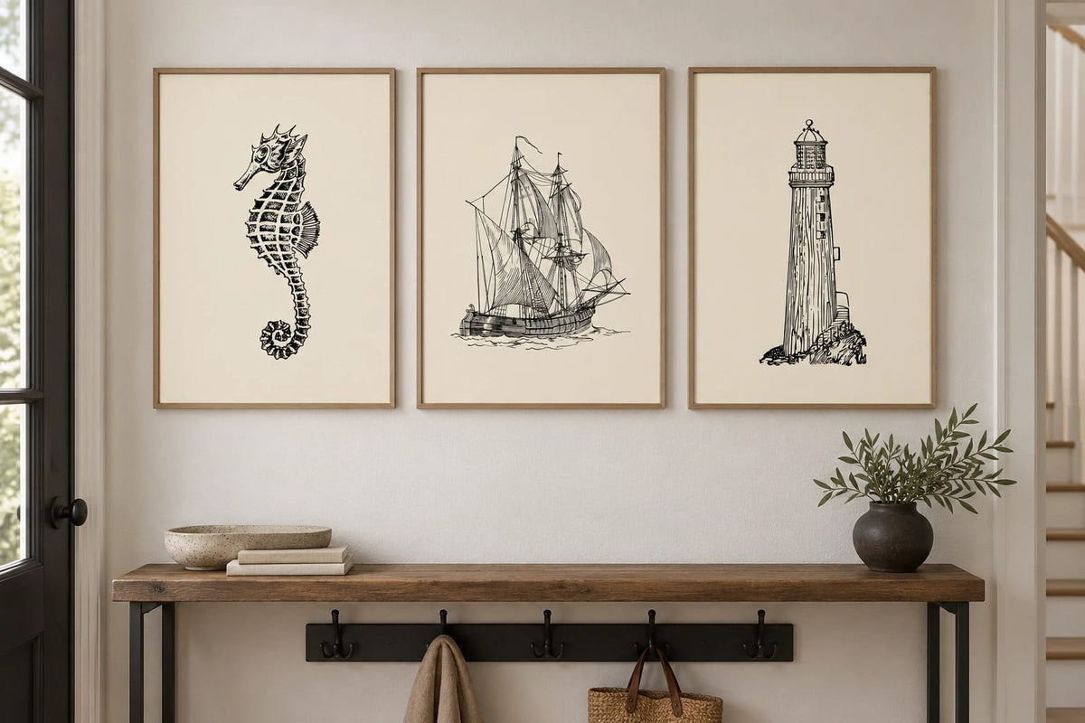 Three coastal line-art prints above a wood entry console.