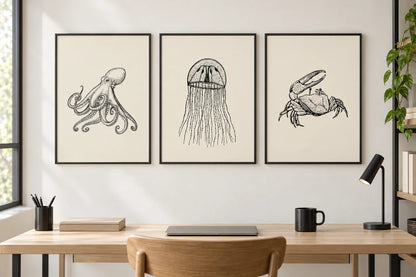 Sea creature prints in a light office.